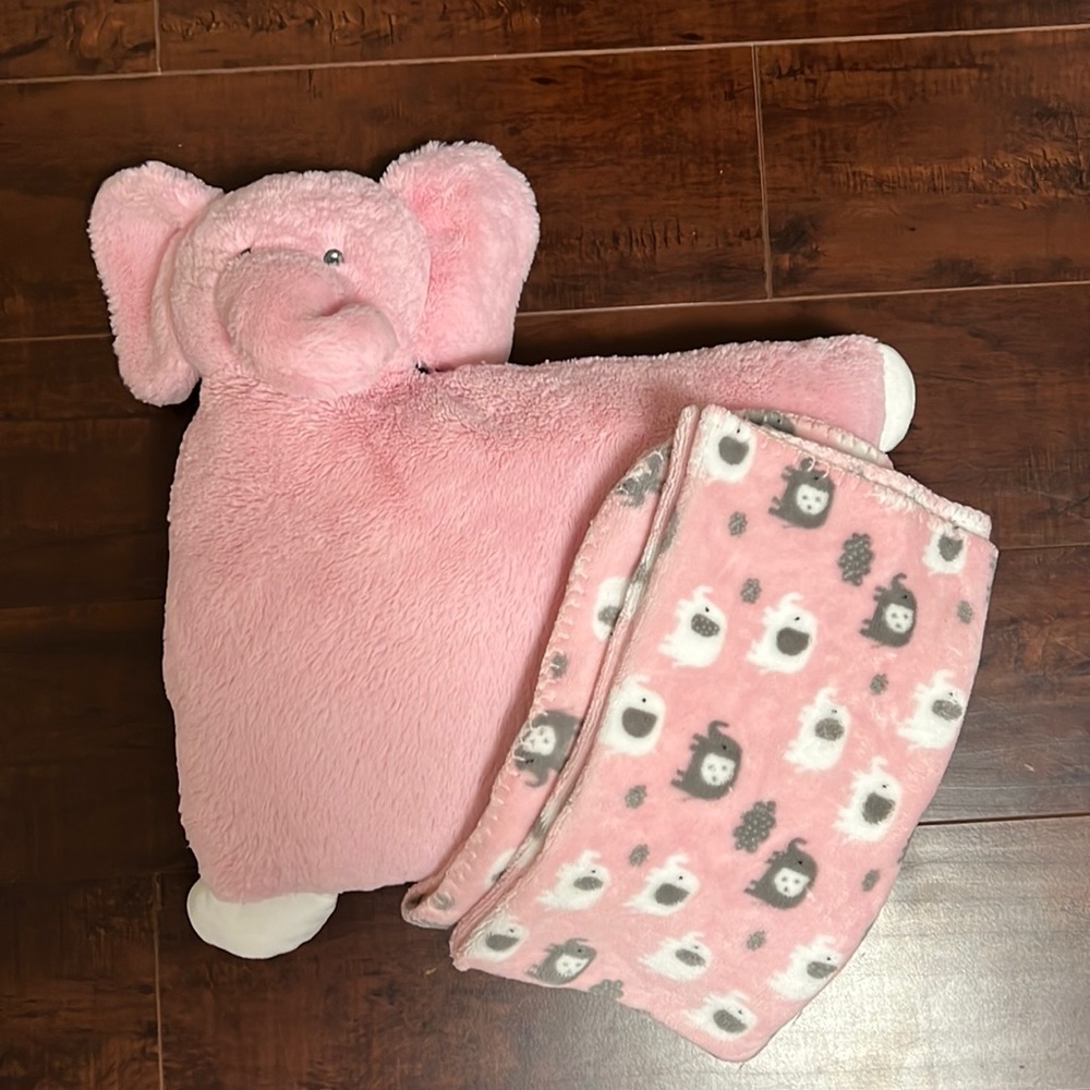 Pink elephant pillow and blanket set